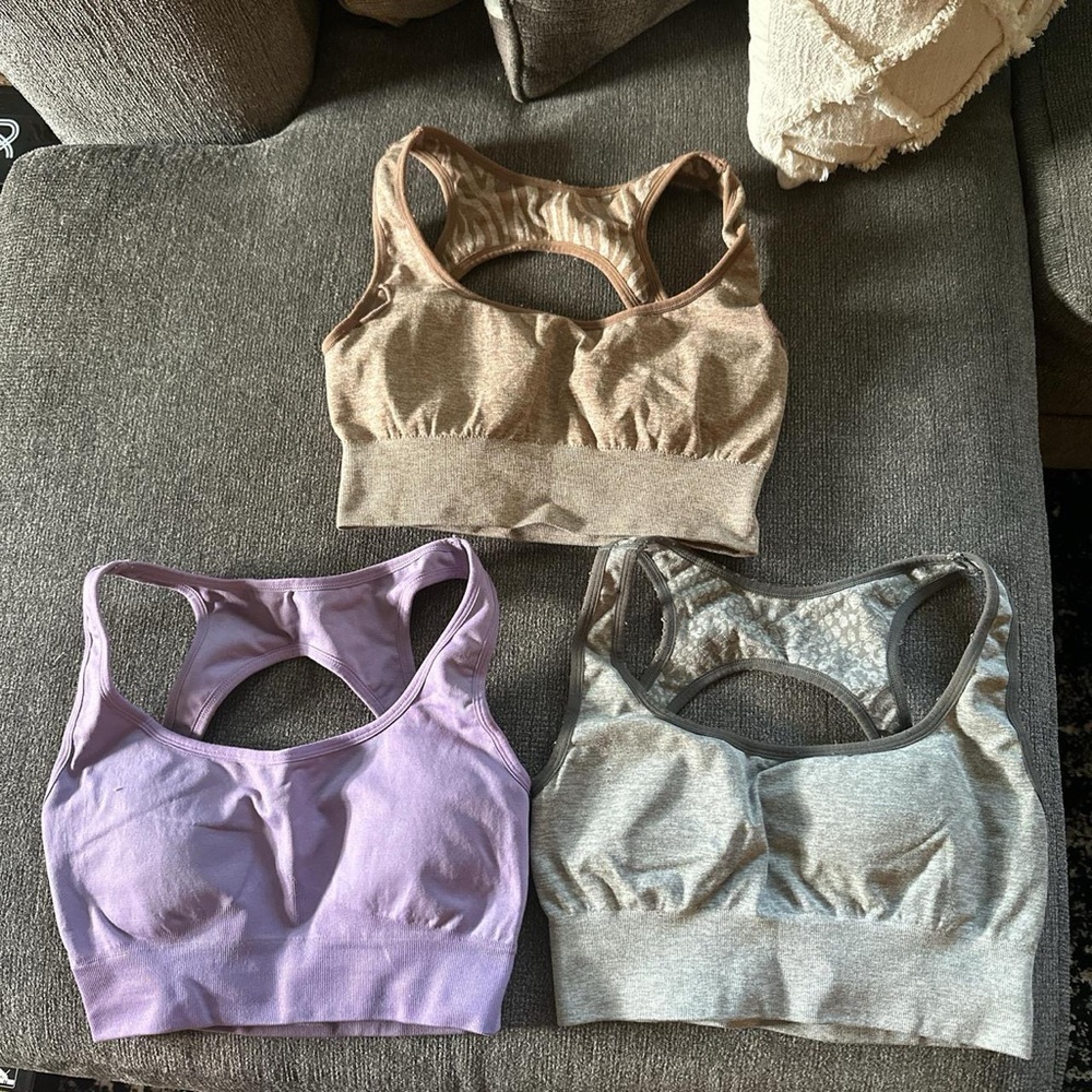 NVGTN Seamless Sports Bras in Tan, Purple, and Gray